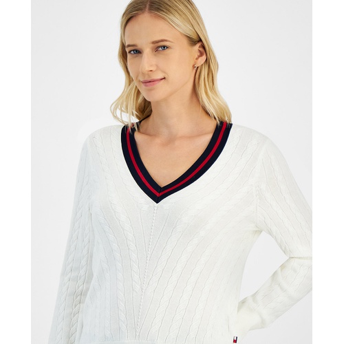 타미힐피거 Womens Contrast Stripe V Neck Cable Knit Sweater