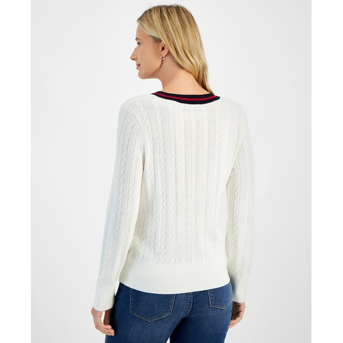 타미힐피거 Womens Contrast Stripe V Neck Cable Knit Sweater