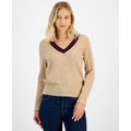 Womens Contrast Stripe V Neck Cable Knit Sweater