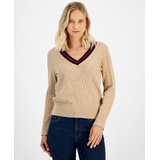 Womens Contrast Stripe V Neck Cable Knit Sweater