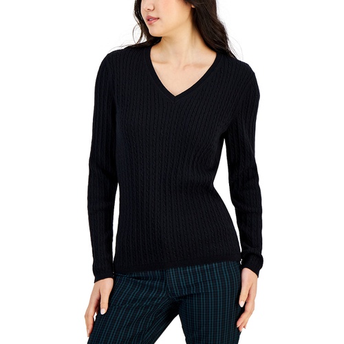 타미힐피거 Womens Cotton Cable Ivy V Neck Sweater