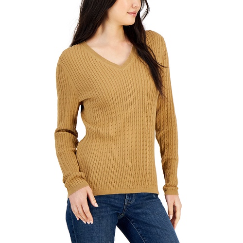 타미힐피거 Womens Cotton Cable Ivy V Neck Sweater