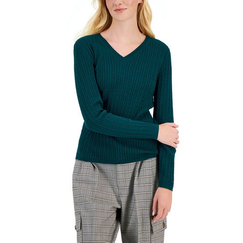 타미힐피거 Womens Cotton Cable Ivy V Neck Sweater