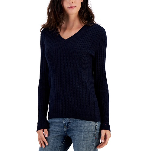 타미힐피거 Womens Cotton Cable Ivy V Neck Sweater