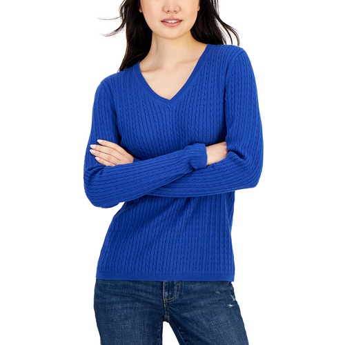 타미힐피거 Womens Cotton Cable Ivy V Neck Sweater