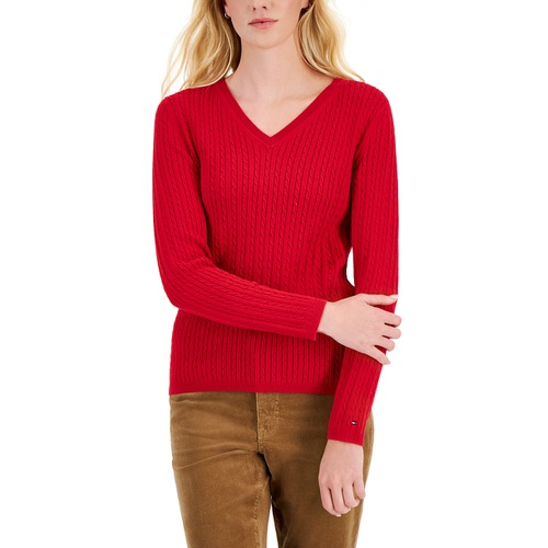 타미힐피거 Womens Cotton Cable Ivy V Neck Sweater