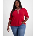 Plus Size Cotton Polo Collar Long Sleeve Top