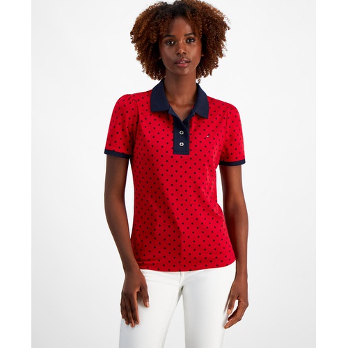 타미힐피거 Womens Cotton Printed Puff Sleeve Polo