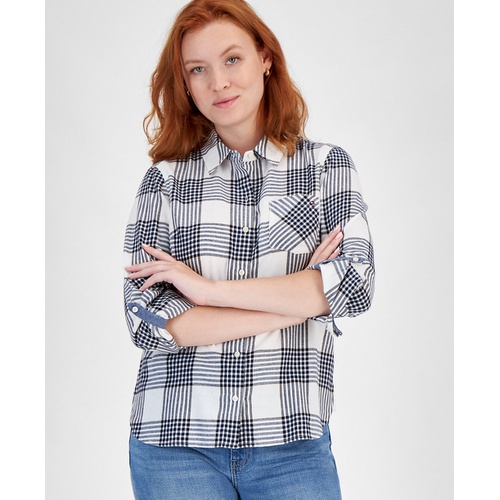 타미힐피거 Womens Perry Plaid Metallic Threaded Shirt