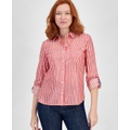 Womens Shimmering Striped Button-Down Top