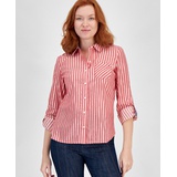 Womens Shimmering Striped Button Down Top