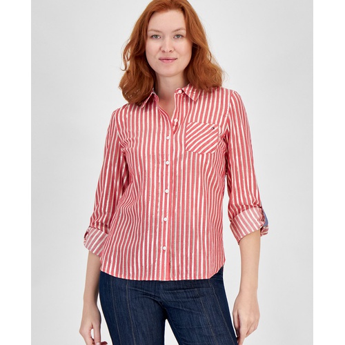 타미힐피거 Womens Shimmering Striped Button Down Top