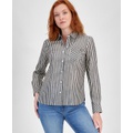 Womens Shimmering Striped Button-Down Top