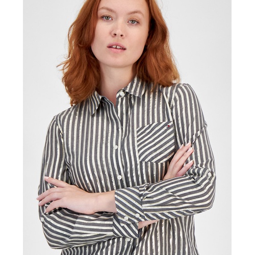 타미힐피거 Womens Shimmering Striped Button Down Top