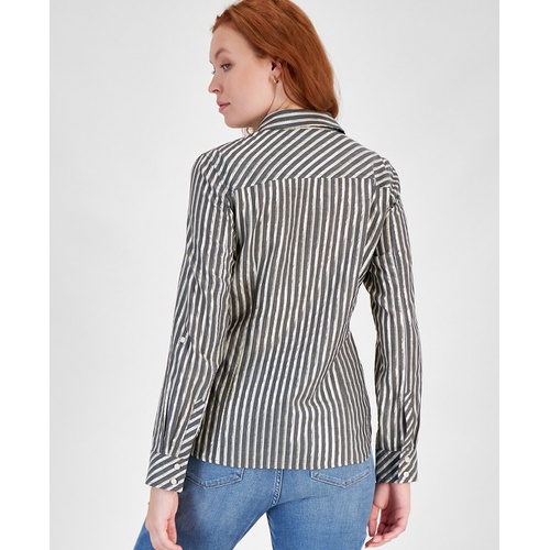 타미힐피거 Womens Shimmering Striped Button Down Top