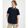 Womens Contrast-Collar Short-Sleeve Shirt