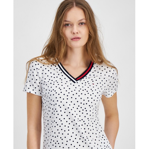 타미힐피거 Womens Dot Print Signature V Neck Top