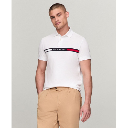 타미힐피거 Mens Short Sleeve Embroidered Chest Stripe Polo Shirt