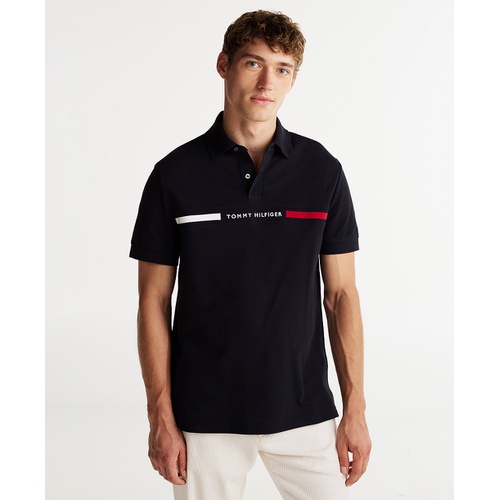 타미힐피거 Mens Short Sleeve Embroidered Chest Stripe Polo Shirt