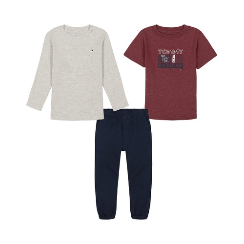 타미힐피거 Baby Boy Long Sleeve Heather Thermal Short Sleeve Logo Tee Twill Joggers 3 Piece Set