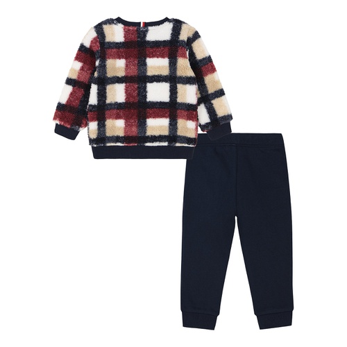 타미힐피거 Toddler Boy Plaid Sherpa Crewneck Fleece Joggers 2 Piece Set