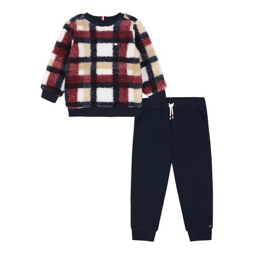 타미힐피거 Toddler Boy Plaid Sherpa Crewneck Fleece Joggers 2 Piece Set