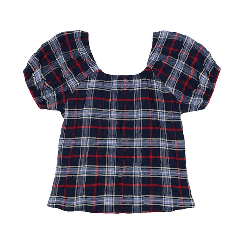 타미힐피거 Big Girls Seersucker Plaid Puff Sleeve Top