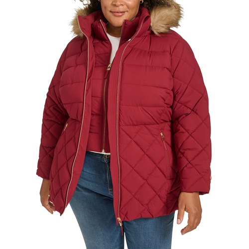 타미힐피거 Plus Size Faux-Fur-Trim Hooded Puffer Coat