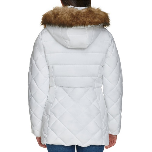 타미힐피거 Womens Bibbed Faux Fur Trim Hooded Puffer Coat