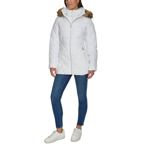 타미힐피거 Womens Bibbed Faux Fur Trim Hooded Puffer Coat