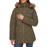 Womens Bibbed Faux Fur Trim Hooded Puffer Coat