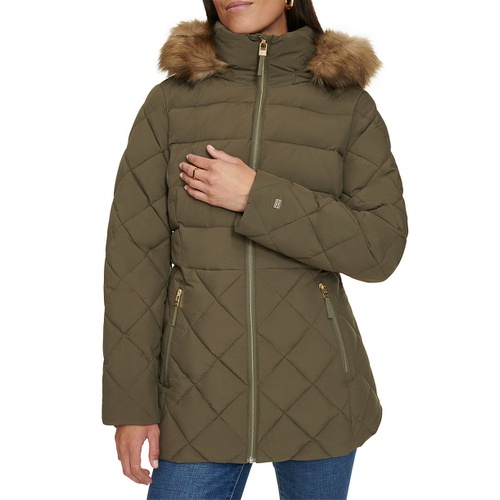 타미힐피거 Womens Bibbed Faux Fur Trim Hooded Puffer Coat