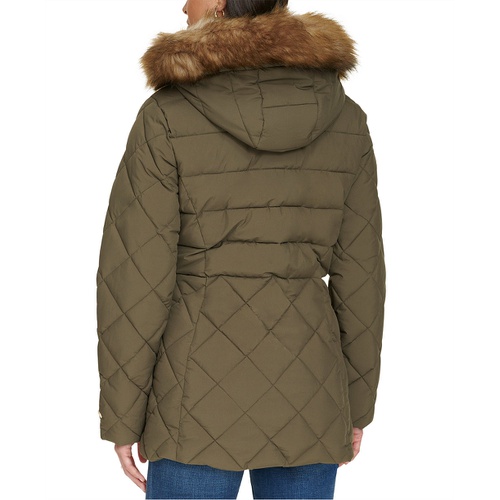 타미힐피거 Womens Bibbed Faux Fur Trim Hooded Puffer Coat