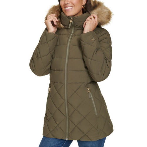 타미힐피거 Womens Bibbed Faux Fur Trim Hooded Puffer Coat