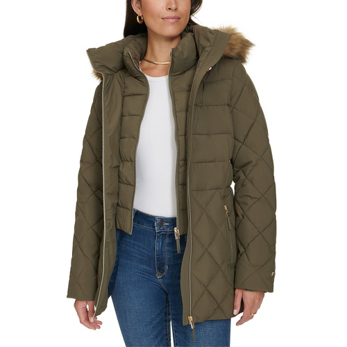 타미힐피거 Womens Bibbed Faux Fur Trim Hooded Puffer Coat