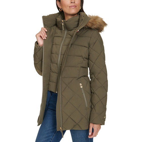 타미힐피거 Womens Bibbed Faux Fur Trim Hooded Puffer Coat