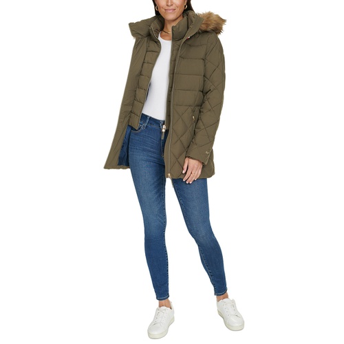 타미힐피거 Womens Bibbed Faux Fur Trim Hooded Puffer Coat