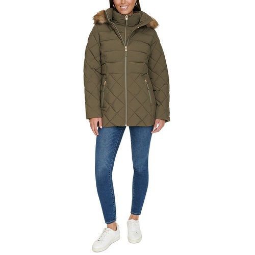 타미힐피거 Womens Bibbed Faux Fur Trim Hooded Puffer Coat