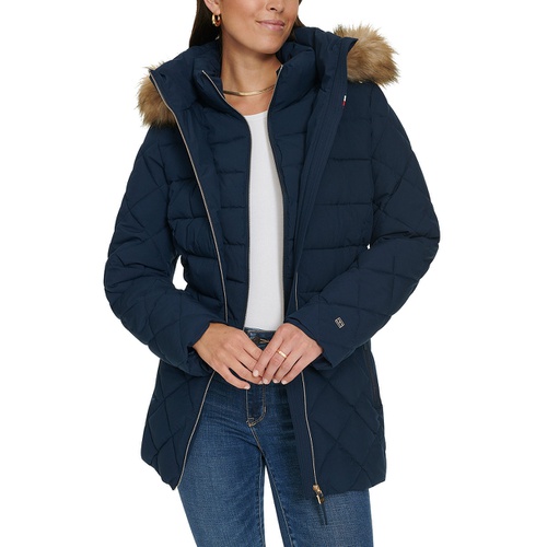 타미힐피거 Womens Bibbed Faux Fur Trim Hooded Puffer Coat