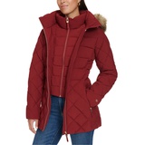 Womens Bibbed Faux Fur Trim Hooded Puffer Coat