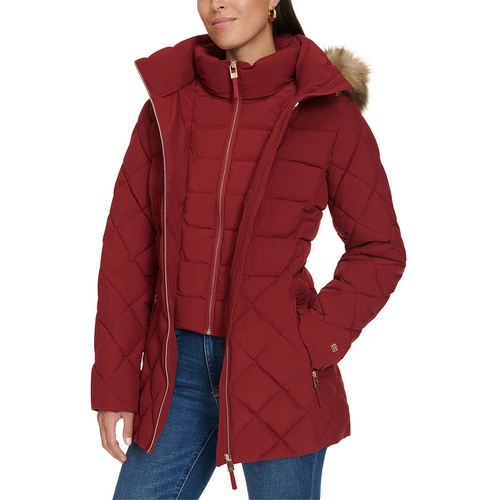 타미힐피거 Womens Bibbed Faux Fur Trim Hooded Puffer Coat