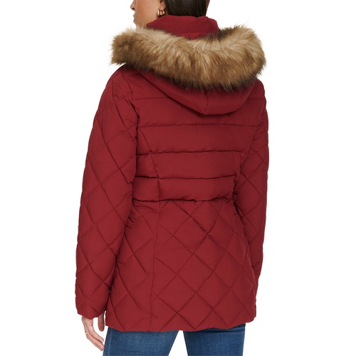 타미힐피거 Womens Bibbed Faux Fur Trim Hooded Puffer Coat