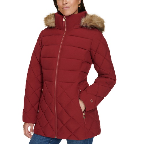 타미힐피거 Womens Bibbed Faux Fur Trim Hooded Puffer Coat