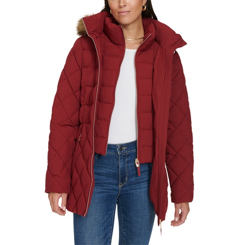 타미힐피거 Womens Bibbed Faux Fur Trim Hooded Puffer Coat