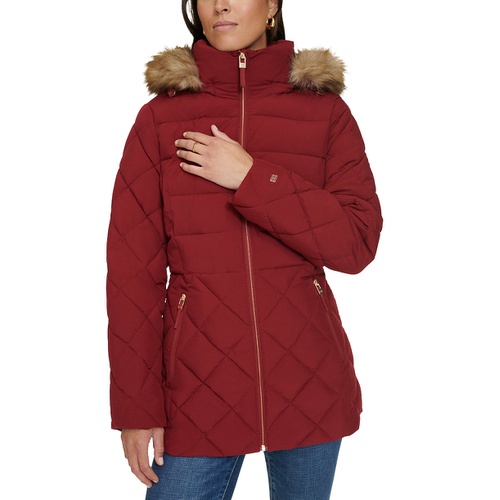 타미힐피거 Womens Bibbed Faux Fur Trim Hooded Puffer Coat