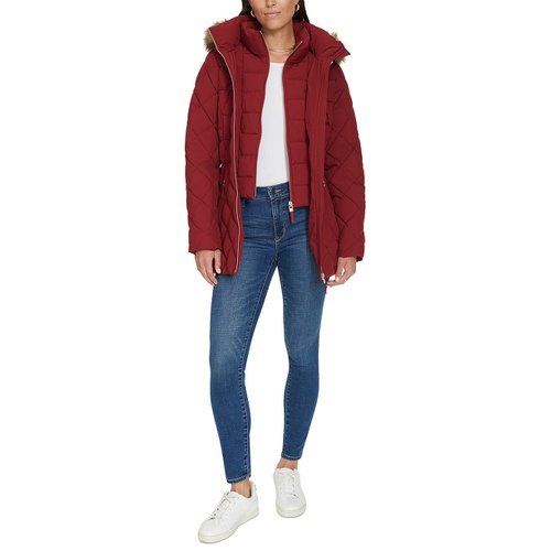 타미힐피거 Womens Bibbed Faux Fur Trim Hooded Puffer Coat