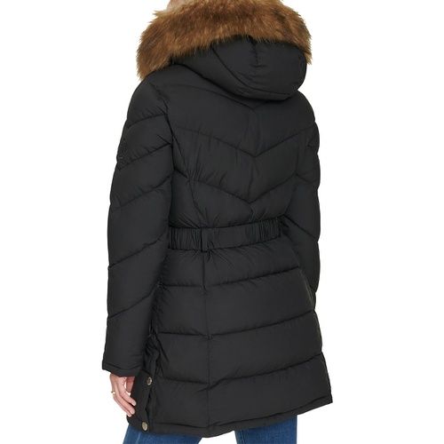 타미힐피거 Womens Faux Fur Trim Hooded Puffer Coat