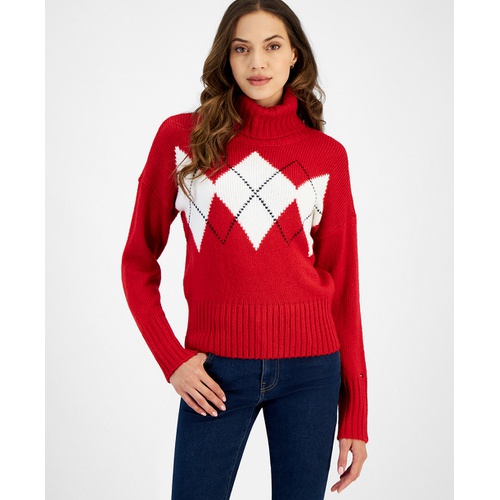 타미힐피거 Womens Argyle Print Turtleneck Sweater