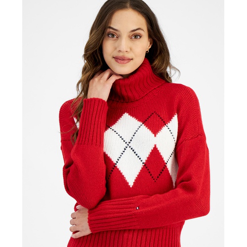 타미힐피거 Womens Argyle Print Turtleneck Sweater