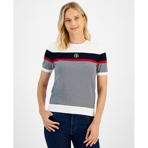 타미힐피거 Womens Cotton Colorblocked Short Sleeve Sweater